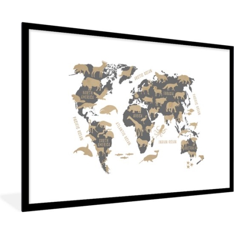 Fotolijst incl. Poster - Wereldkaart - Grijs - Dieren - 90x60 cm - Posterlijst