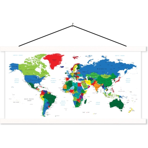 Schoolplaat - Wereldkaart - Kleuren - Topografie - 150x75 cm - Textielposter Witte latten - Textiel poster