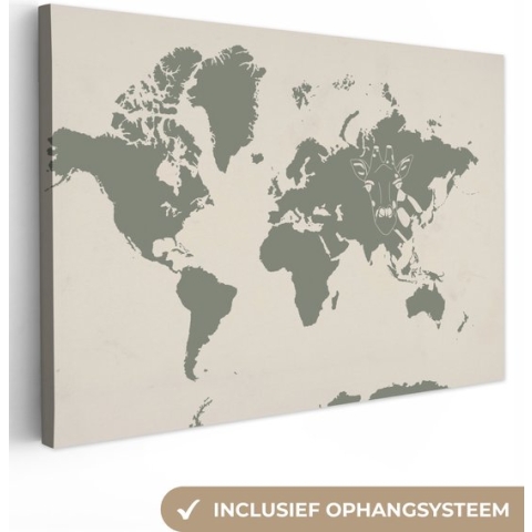 Canvas Wereldkaart - 120x80 - Wanddecoratie Wereldkaart - Dieren - Giraf