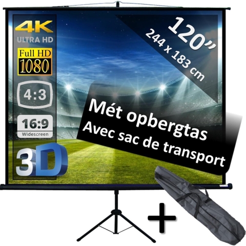 Projectiescherm op statief - statiefscherm 120" (3m05) - 244 x 183 cm - 4:3 - mét opbergtas - beamer scherm