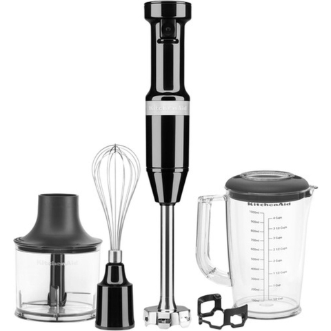 Professionele Kitchenaid Staafmixer Set 20cm - Zwart / Onyx Black - Garde + Hakmolen + Mengbeker + Panbeschermer
