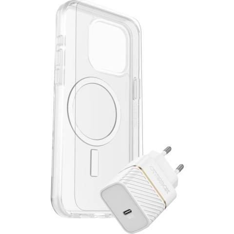 OtterBox iPhone 15 Pro Max KIT Symmetry MagSafe hoesje met screenprotector en EU USB-C 30w Snellader (wit)