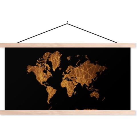 Wanddecoratie - Wereldkaart - Goud - Patroon - Schoolplaat - 150x75 cm - Textielposter - Textiel poster