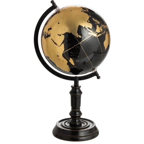 J-Line Wereldbol Op Voet Hout Zwart/Goud Medium