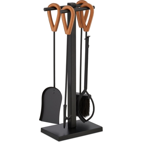 Relaxdays haardset 5-delig - pook, schep & borstel - haardstel - leren handgrepen - modern