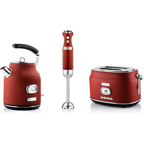Westinghouse Retro Waterkoker +  Broodrooster 2 Sleuven + Staafmixer - Rood