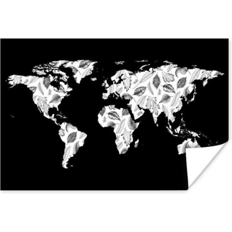 Poster Wereldkaart - Bladeren - Zwart - Wit - 180x120 cm XXL