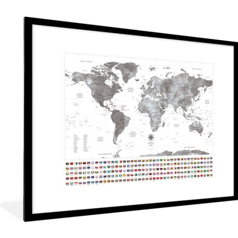 Fotolijst incl. Poster - Wereldkaart - Vlag - Zwart - Wit - 80x60 cm - Posterlijst