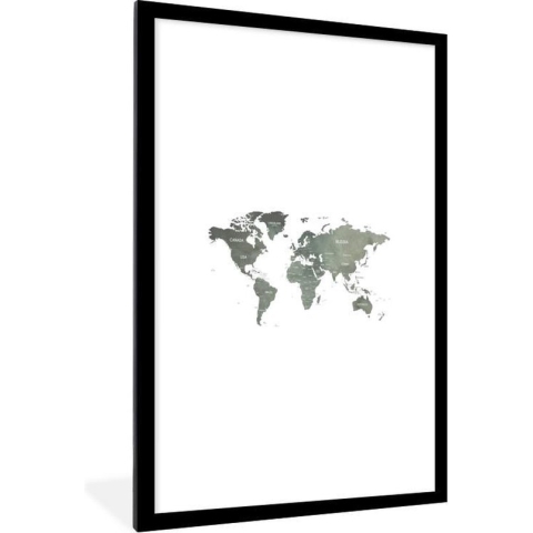 Fotolijst incl. Poster - Wereldkaart - Grijs - Land - 60x90 cm - Posterlijst