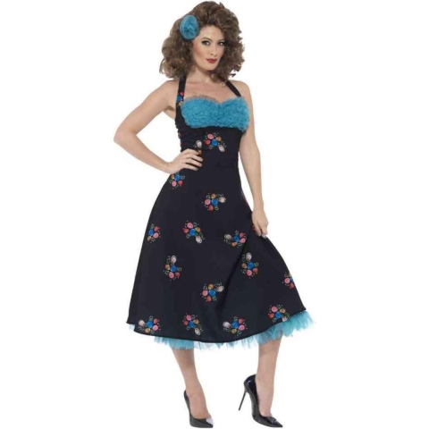 Smiffy's - Rock & Roll Kostuum - Grease Cha Cha Digregorio Jurk Vrouw - Blauw, Zwart - Large - Carnavalskleding - Verkleedkleding