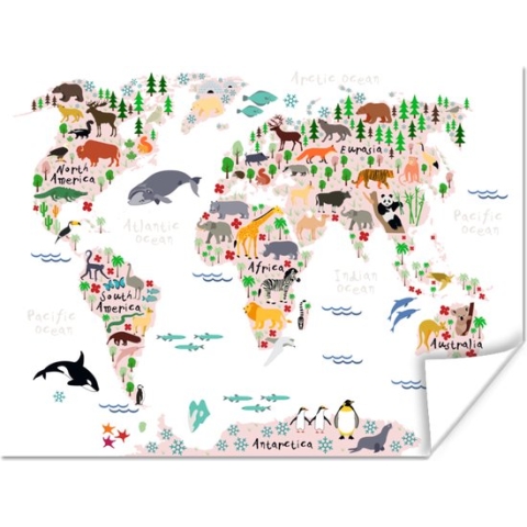 Wereldkaart - Kinderen - Dieren - 160x120 cm - Poster