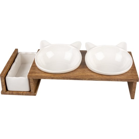 Duvoplus - Voerbak - Kat - Dinner Set Stone Up Kitty Face 250ml+350ml - 41,5x18,5x11cm Wit - 1st