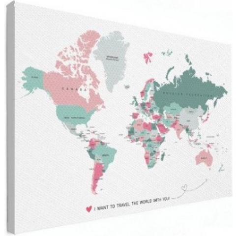 Wereldkaart I Want To Travel The World With You - Canvas 80x60