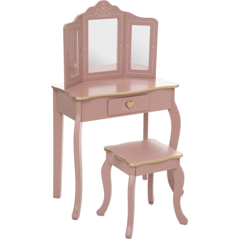 Atmosphera Kaptafel met Krukje - Make Up - Spiegels - Roze - Lade - Gouden Afwerking