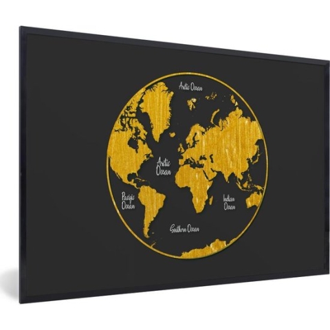 Fotolijst incl. Poster - Wereldkaart - Cirkel - Goud - 90x60 cm - Posterlijst