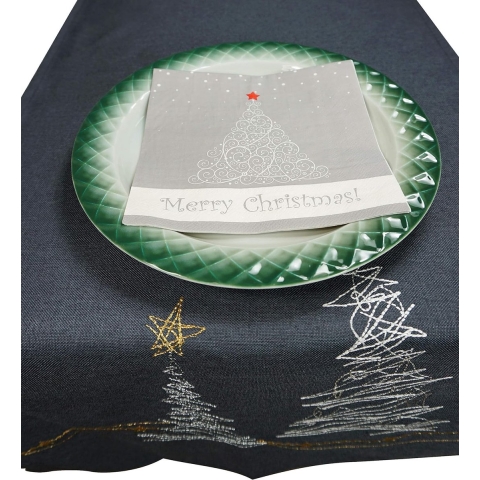 Tafelloper, motief Kerstmis, modern, grijs met borduursel