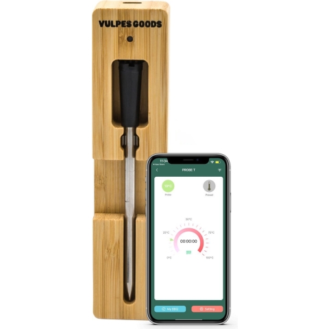 Vulpes Goods® Kitchen - Vleesthermometer Pro - BBQ thermometer - Oventhermometer - Draadloos, Bluetooth & App - RVS & Fast Charger - 30 meter - Incl. E-Book