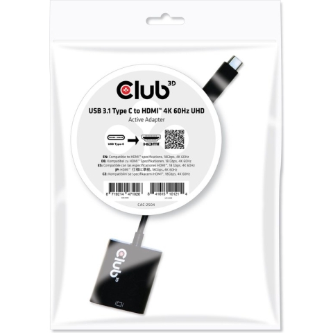 club3D CAC-2504 USB Adapter [1x USB 3.2 Gen 2 stekker C (USB 3.1) - 1x HDMI-bus] Zwart