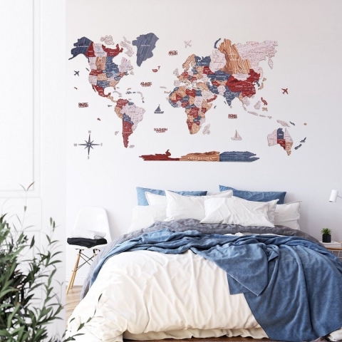 Houten Wereldkaart 3D - Boho - L (150 x 90 cm)