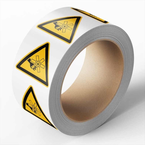 Gevaar draaiende delen sticker op rol, 25 meter 150 mm - 160 per rol