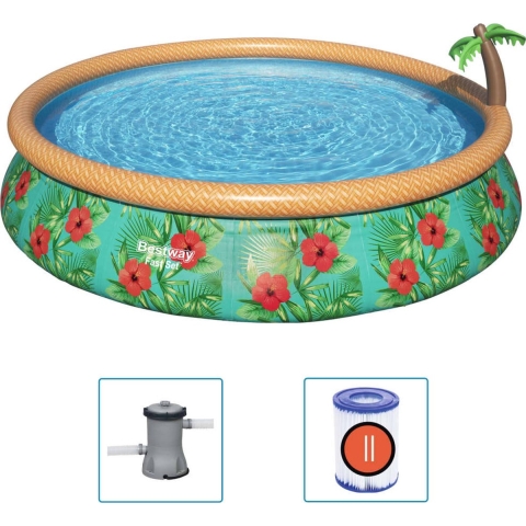 Bestway - Fast Set - Opblaasbaar zwembad inclusief filterpomp - 457x84 cm - Paradijsprint - Rond