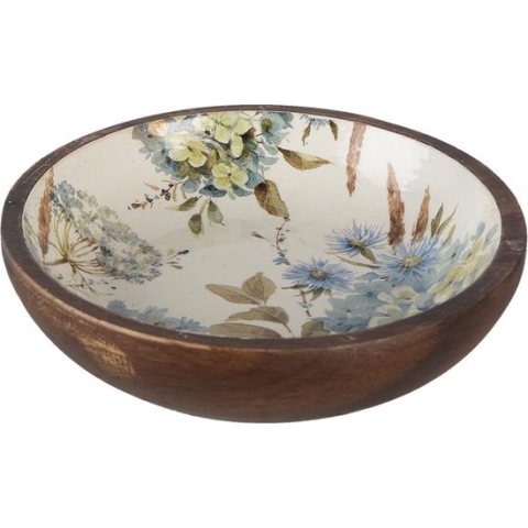 Clayre & Eef Serveerschaal Ø 24x4 cm Wit Blauw Hout Rond Bloemen Presenteerschaal
