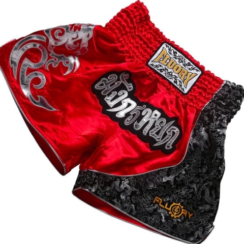 Fluory Muay Thai Short Kickboks Broek Rood Zilver maat M