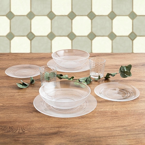 Moderne complete serviesset voor 6 personen, 18 stuks + 6 glazen van glas 26 cl, opaal, uniek, standaard