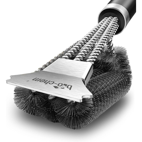 Robust & Ergonomic – Extra Long Handle with Thermal Insulation – Triple Wire Brush with Stainless Steel Bristles and Scraper – for Cooking Grate, Gas Grill, Charcoal Grill,