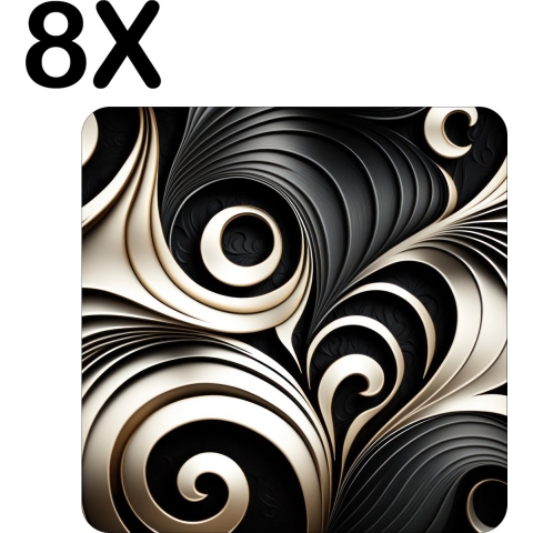 BWK Luxe Placemat - Zwart met Witte Spiral - Set van 8 Placemats - 50x50 cm - 2 mm dik Vinyl - Anti Slip - Afneembaar