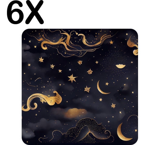 BWK Stevige Placemat - Goud - Zwart - Wolken - Nacht met Sterren - Set van 6 Placemats - 50x50 cm - 1 mm dik Polystyreen - Afneembaar