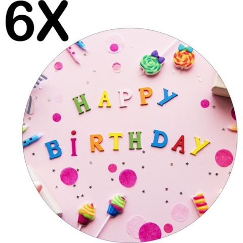 BWK Stevige Ronde Placemat - Vrolijke Roze Happy Birthday - Set van 6 Placemats - 40x40 cm - 1 mm dik Polystyreen - Afneembaar