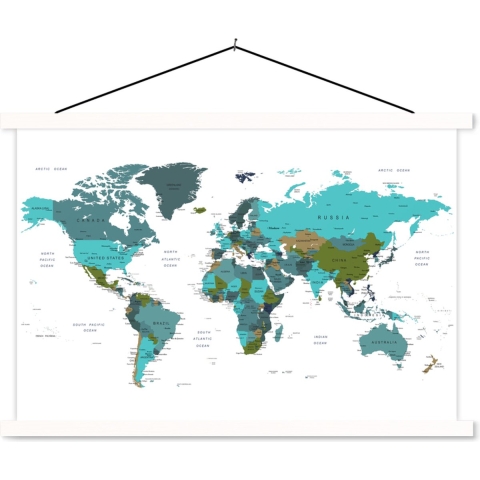 Schoolplaat - Wereldkaart - Topografie - Blauw - 150x100 cm - Textielposter Witte latten - Textiel poster