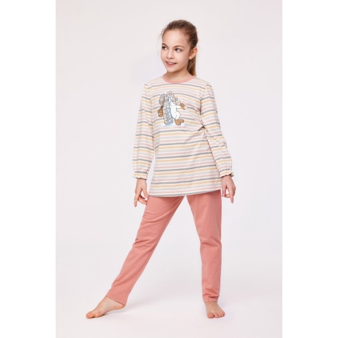 Woody pyjama meisjes/dames - multicolor gestreept - haas - 232-10-BLB-S/930 - maat 140