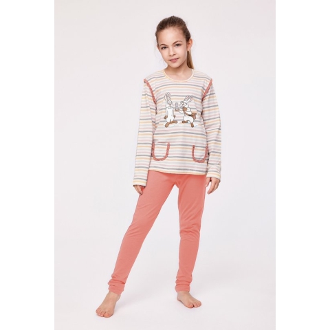 Woody pyjama meisjes/dames - multicolor gestreept - haas - 232-10-PLG-S/930 - maat 164