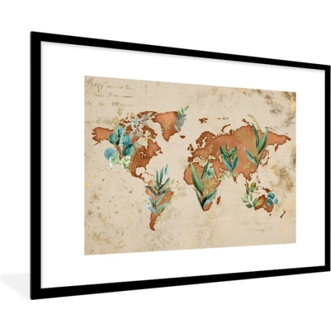 Fotolijst incl. Poster - Wereldkaart - Papyrus - Planten - 90x60 cm - Posterlijst