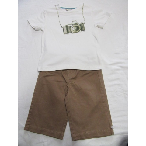 Noukie's , kledingset , jongen , tshirt creme camera + bermuda beige 18 maand