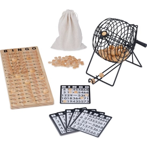 Relaxdays bingo spel - hout - bingokaarten - bingomolen - set - kinderbingo - ouderen