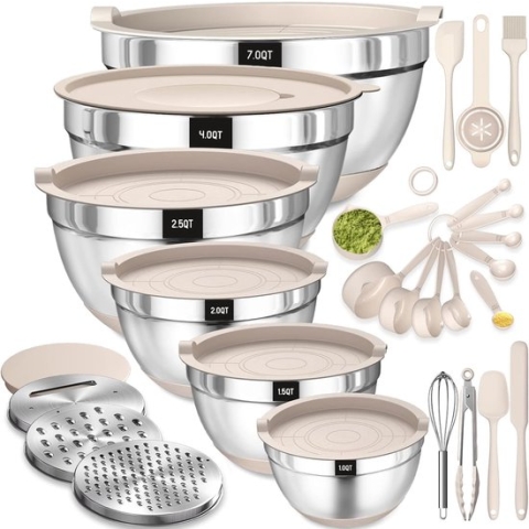 Set van mengkommen, roestvrijstalen kom, saladekom, set van 6 met luchtdichte deksel en siliconen basis, 3 raspbijlagen, stapelbaar, vaatwasmachinebestendig, 6,6 L, 3,8 L, 2,4 L, 1,9 L, 1,4 L, 0,6 L.