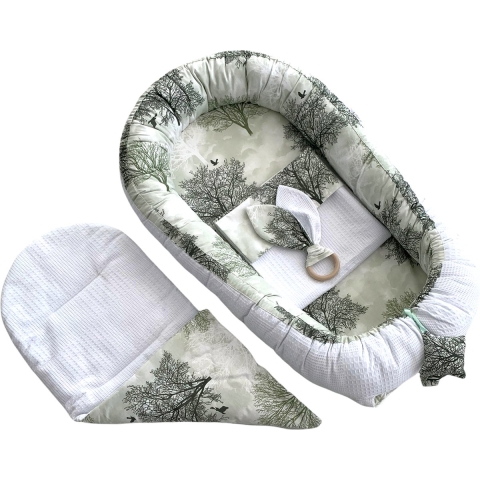 Babynest Eliz Baby Dubbelzijdig 4-delig Green Trees White Waffle Babynestje Kraamcadeau