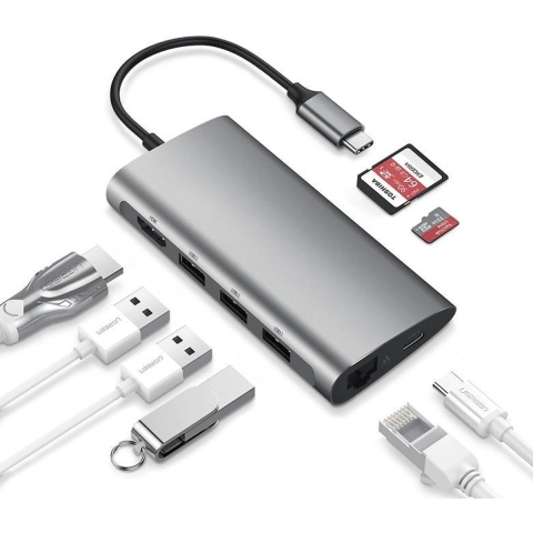 8-in-1 USB-C Hub met HDMI + 3 x USB-3.0 + USB-C (incl. opladen)+ SD/Micro SD + Ethernet