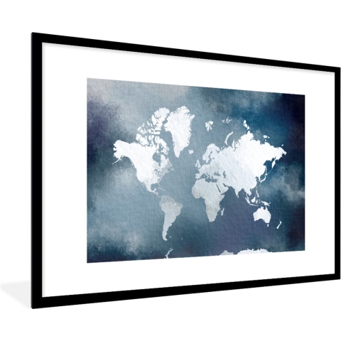 Fotolijst incl. Poster - Wereldkaart - Aquarel - Blauw - 120x80 cm - Posterlijst