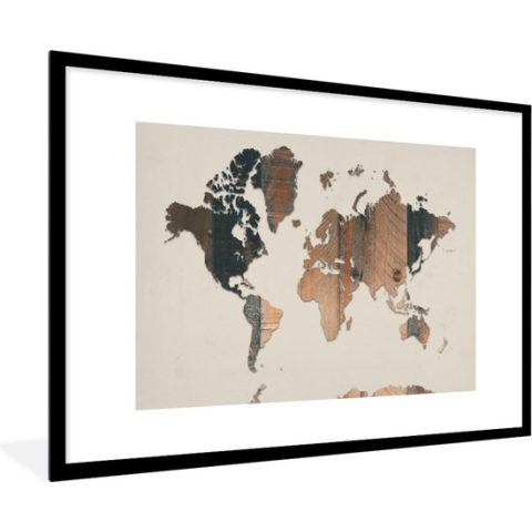 Fotolijst incl. Poster - Wereldkaart - Houten - Beige - 90x60 cm - Posterlijst