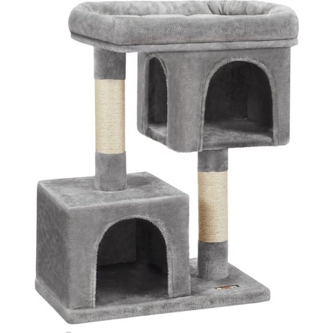 Rootz Krabpaal - Hoge Toren - Katvriendelijk Zacht - Groot Platform - Krabplank - 2 Grotten - Ruimtebesparende Kat - Carb Gecertificeerde Spaanplaat Pluche-sisal - Lichtgrijs - 60 x 40 x 84 cm