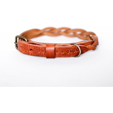 Cooper & Quint Twisted - Halsband hond gevlochten leer - Camel - Oud Messing - Large