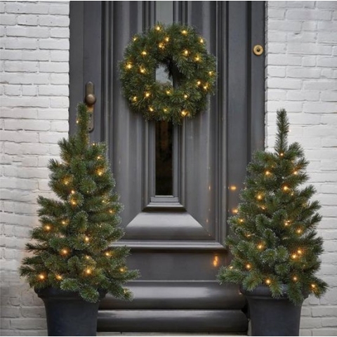 Black Box Trees Creston Set van 2 Kerstbomen en 1 Krans met LED Verlichting - Groen