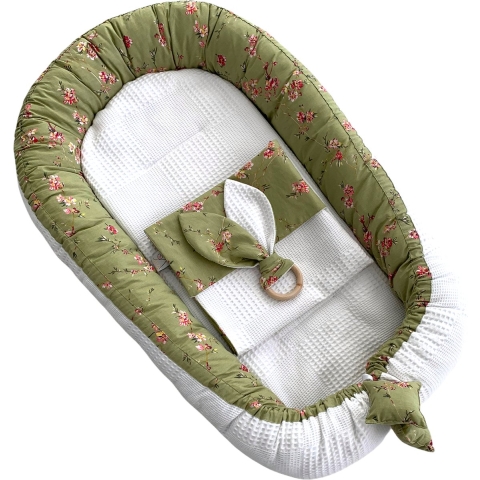 Babynest Eliz Baby Dubbelzijdig 4-delig Olive Green Flowers Waffle Babynestje Kraamcadeau