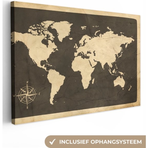 Canvas Wereldkaart - 180x120 - Wanddecoratie Wereldkaart - Kompasroos - Vintage