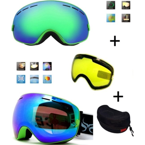 Ski bril met box en EXTRA lens Smoke Green frame Groen F type 5 Cat. 0 tot 4 - ☀/☁
