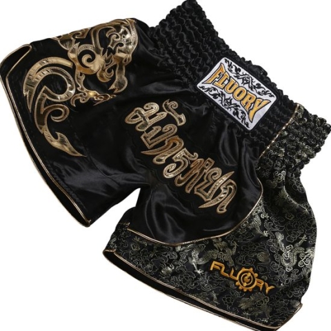 Fluory Muay Thai Short Kickboks Broek Zwart Goud MTSF15 maat XXL